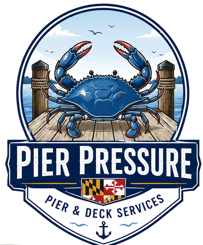 Pier Pressure pier and deck services logo with Maryland blue crab on a dock